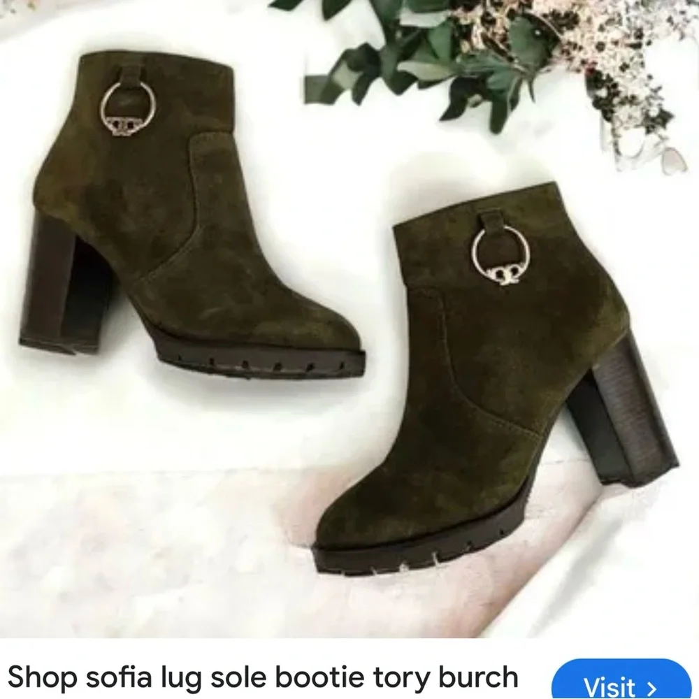 NWT Tory Burch Olive Suede Ankle Boots with Ring Detail 6